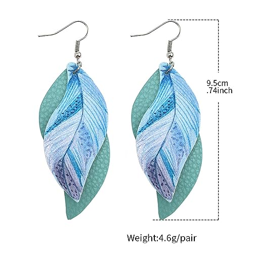 ANXIN boho unique Leather Earrings 2 Layered Lightweight Faux Leather Leaf Earrings Layered Design Drop Earrings Gift for Women - color: 1 Green Faux Leather Leaf Earrings