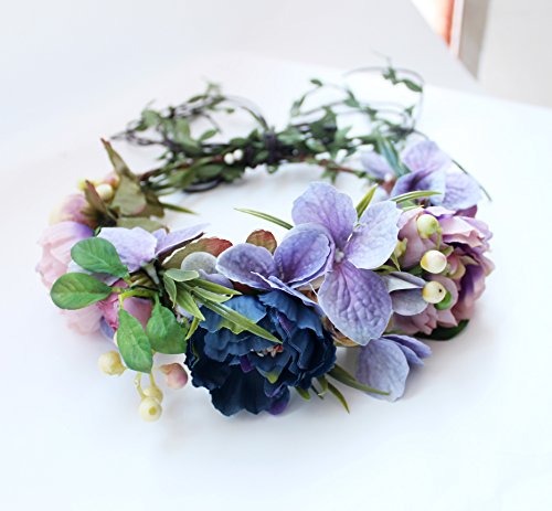 Vivivalue Flower Wreath Crown Boho Flower Headband Hair Garland Floral Headpiece Halo with Ribbon Wedding Party Festival Photos Purple - color: C