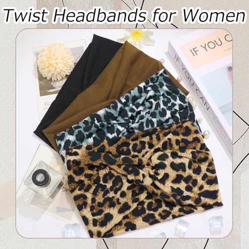 4 Pack Wide Leopard Print Headbands for Women Boho Twist Turban Headband Elastic Non Slip Workout Yoga Cross Hairband African Stretchy Hair Wrap Accessories - color: Leopard Print