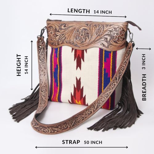 Merbaa Women Handtooled woolen saddle blanket hand woven Crossbody Bag - color: White
