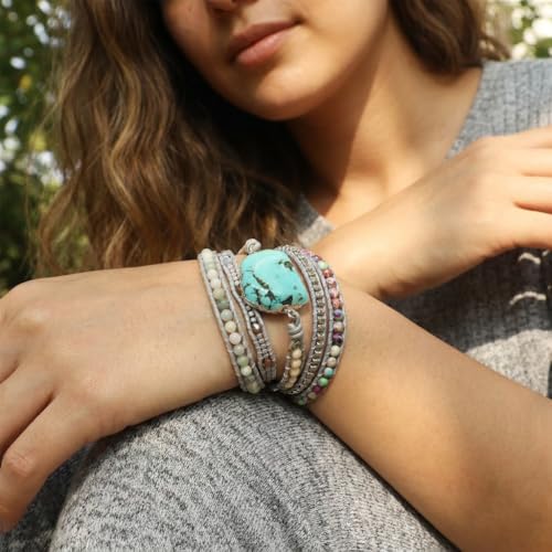 YGLINE Boho Handmade Wrap Leather Tube Crystal Stone Bracelet for Women - color: Turquoise-5 wrap