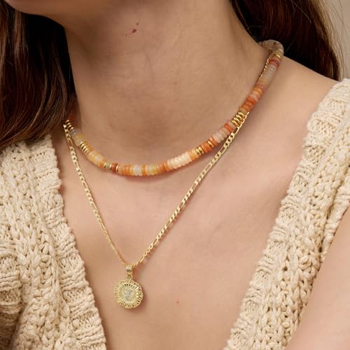 KissYan Boho Beaded Choker Necklace for Women, Gemstone Choker Natural Stone Freshwater Pearl Surfer Necklaces 14K Gold Plated Summer Beach Handmade Jewelry - color: O-Light Orange