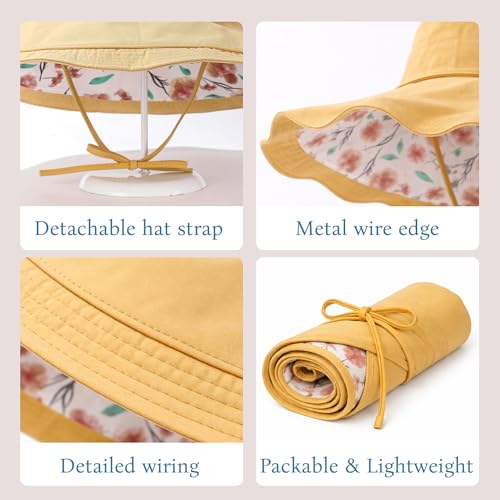 Wide Brim Sun Hat for Women Reversible Beach Hats Metal Wired Edge Gardening Hats, UPF 50+ Bucket Summer Hat - color: Yellow