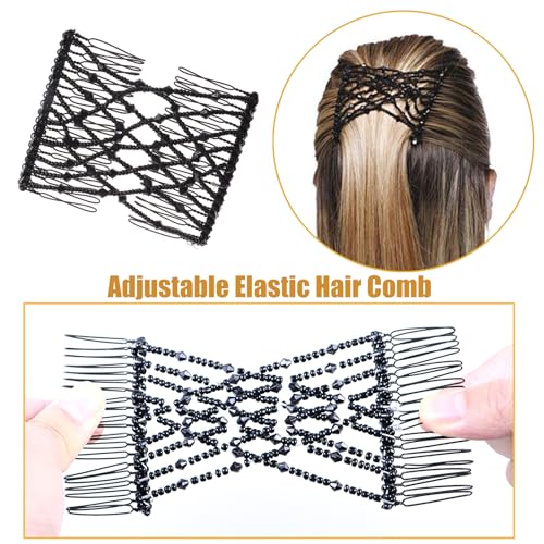 5 Pieces Stretchy Beaded Hair Accessories - Adjustable Elastic Clips, No Crease Pins for Curly Thick Wavy Hair Ponytails, Vintage Bun Makers for Women and Girls - color: Black,Red,Brown,Pink,Blue