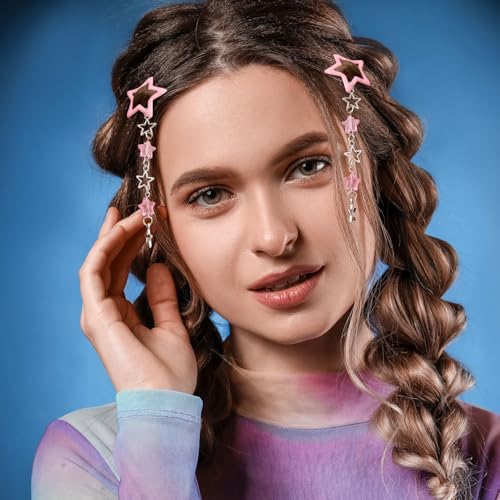 Pndeyo 2pcs Star Tassels Hair Clips for Women, Non-Slip 2000s Y2k Snap Barrettes, Cute Star Beaded Pendant Pin Accessories for Braid Long Short Thin Thick Hair - Pink - color: Pink-A Style