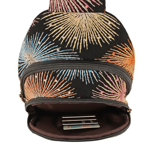 SILKAREA Canvas Sling Bag for Wome Crossbody Purse Small Sling Backpack Purse Travel Hiking Chest Bag Daypack - color: Embroidered Fireworks Black
