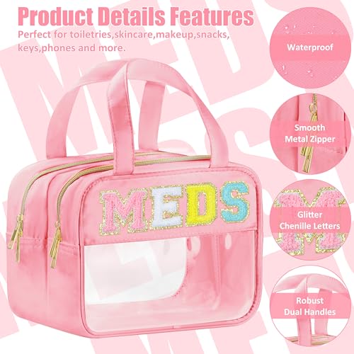 BuyCard Chenille Letter Clear Medicine Makeup Bag for Travel, Preppy Patch Nylon Cosmetic Meds Pouch with Handles and Zipper, Waterproof Large Travel Toiletry Bag Storage Case for Women Pink - color: Pink-MEDS