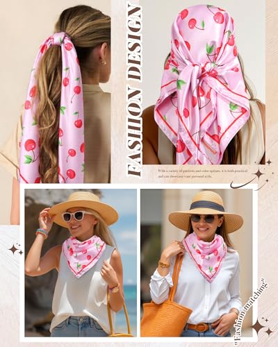 AWAYTR 35” Square Satin Head Scarf Hair Scarf for Women's Hair Silk Bandana for Women Silk Head Wrap for Sleeping - color: Cherry Pink