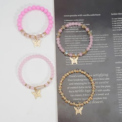Bohemian Bracelet Sets for Women - 4-Pack Stackable Stretch Bead Bracelets with Black＆White Crystal & Gold Accessories, Multi-Layer Boho Jewelry - color: pink butterfly