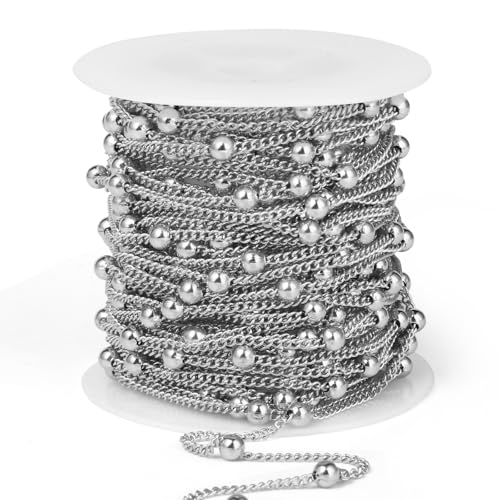 33 Feet Stainless Steel Satellite Chains Roll, 2mm 304 Stainless Steel Ball Beaded Flat Twisted Links Curb Chains Spool Bulk for Jewelry Making DIY Craft - color: Stainless Steel Big Beads Satellite Curb Chain