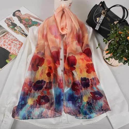 100% Mulberry Silk Women's Neck Silk Scarf-Lightweight Shawl,FLoral Print Beach Silk Wrap-Scarves for Photography - color: Red Poppy Floral