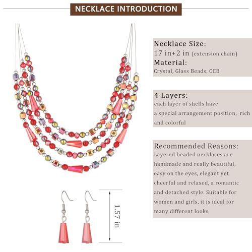 Errally Layered Beaded Statement Necklace Multi Strand Crystal Beads Collar Necklace and Earring Sets for Women Fashion Costume Jewelry Set Gifts for Her - color: Red
