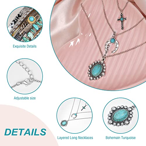 Yowivon Western Jewelry for Women Bohemian Turquoise Jewelry Set Vintage Leather Navajo Pearl Necklace Layer Necklaces Earrings Bracelets Boho Knuckle Rings - style: Boho Style