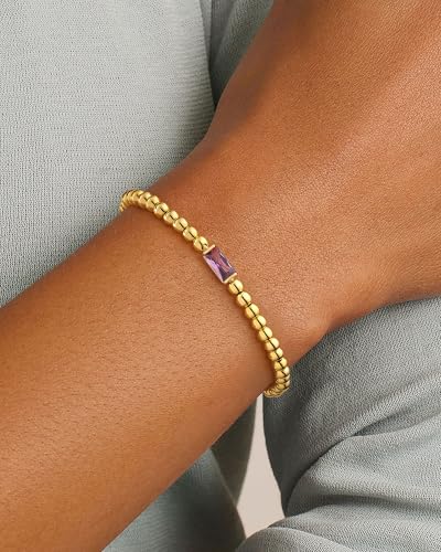 FUNEIA Birthstone Gold Beaded Bracelets for Women Non Tarnish Trendy Dainty 14K Gold Plated Cute Stackable Bead Stretch Friendship Bracelet Stack for Best Friend Couples Birthday Gifts Jewelry - color: 02. February(Amethyst Bracelet), size: 6.5 Inches