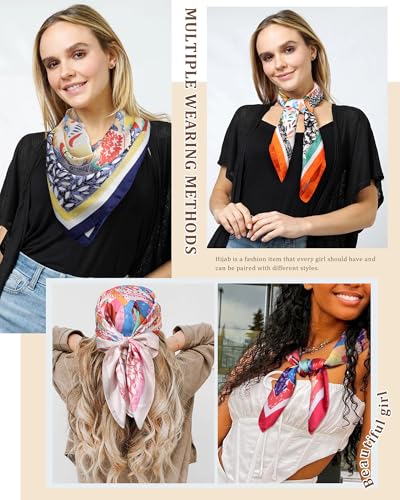 AWAYTR 27.5” Silk Satin Square Head Scarf - 4PCS Satin Head Scarves for Women Hair Kerchief Bandanas Sleeping Head Wraps - color: Flower(red/Orange/Navy/Khaki)