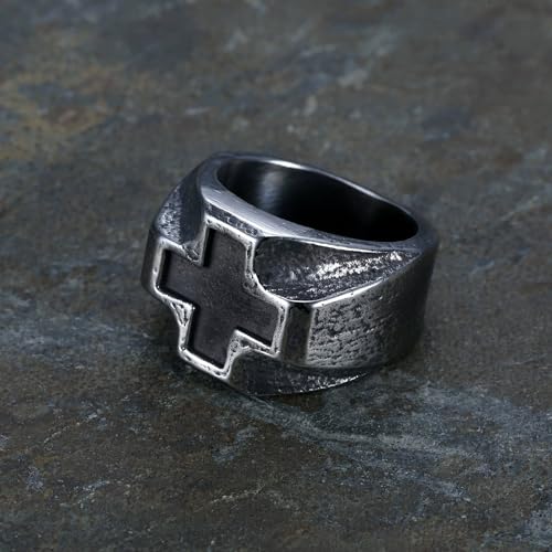 Retro Stainless Steel Mens Cross Ring, Bold Black Design, Durable Handcrafted Jewelry Gift