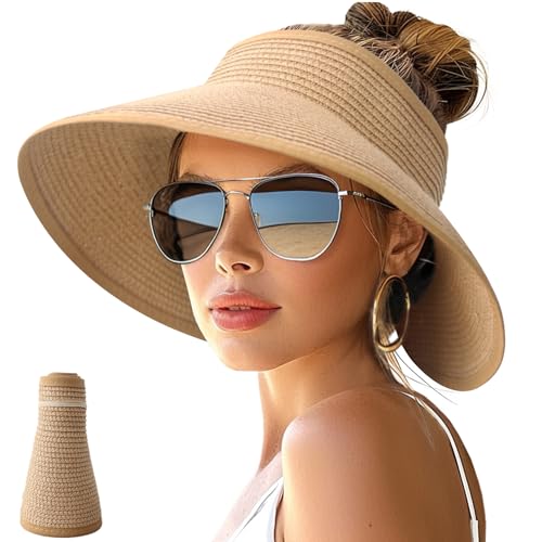 NPJY Sun Hats for Women Wide Brim Roll-Up Beach Ponytail Hat Packable Foldable Travel Straw Visor - color: Khaki