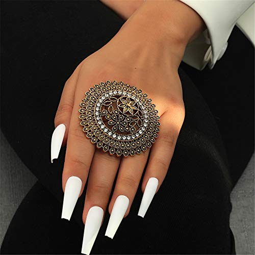 Dtja Vintage Big Round Statement Ring for Women Girls Boho Antique Mosaic Crystal CZ Expandable Open Wrap Finger Rings Adjustable Comfort Fit Indian Bollywood Style Exaggerated Jewelry - style: Flower