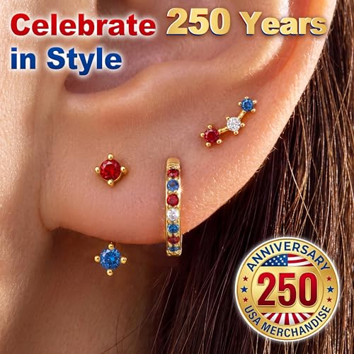 3 Pairs Dainty Small 4th of July Earrings for Women Trendy, Birthstone Stud Huggie Hoop Jacket Stack for Cartilage Helix, Gold Plated Hypoallergenic Cute Women Fashion Accessories Western Jewelry Gifts - color: 4th of July earrings(Gold Red White Blue)