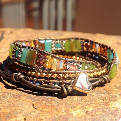 YGLINE Boho Handmade Wrap Leather Tube Crystal Stone Bracelet for Women - color: 3 wrap-mix stone