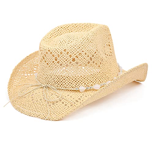 TOVOSO Western Cowgirl Hat, Straw Cowboy Hat for Women with Shapeable Brim, Beaded Hearts Trim, Shapeable Cowboy Hat - color: Beige