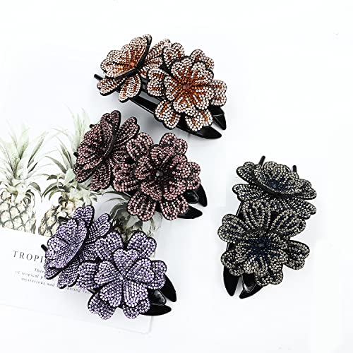 inSowni 4 Pack Luxury Fancy Gems Korean Decorative Glitter Sparkly Crystals Rhinestones Double Flower Hair Claws Clips Plastic Barrettes Hairpin Clamps Hair Accessories for Women Girls Thick Long Hair - color: 4 Pack Rhinestone Double Flower Hair Claw Cli