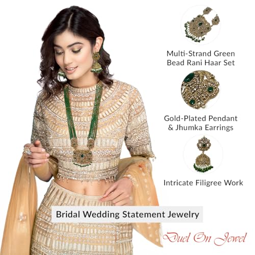 Duel On Jewel Indian Ethnic Jewelry Virtual Bundle for Women - Gold-Plated Teardrop Bell Anklet Payal Set with Green Bead Rani Haar Necklace & Jhumka Earrings, Bridal Wedding Party Boho Mughal Style