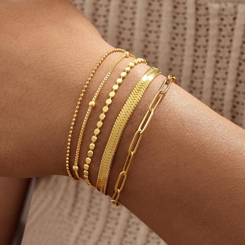 Gold Bracelets for Women, 14K Gold Plated Stackable Bracelet Stack Set Adjustable Charm Paperclip Chain Snake Link Layered Waterproof Jewelry Sets Gifts - style: Bracelets Set /6