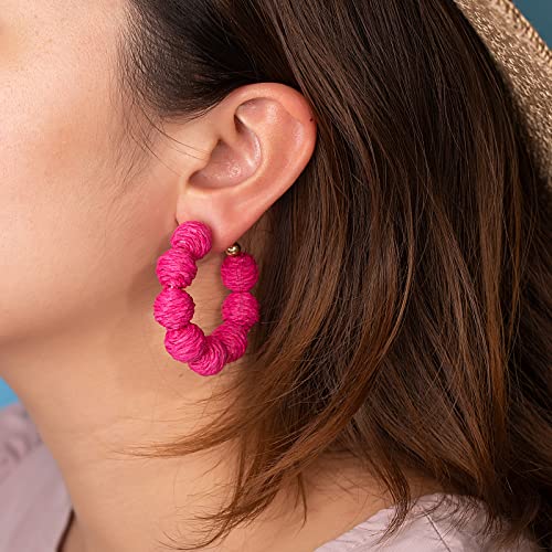 Raffia Hoop Earrings Statement Boho Beaded Earrings Cute Rattan Handmade Colorful Jewelry for Women Unique Summer Outfits - color: Rose