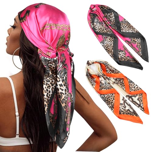 Head Scarf for Women Hair - 2 Pack 35" Square Satin Scarf, Silk Hair Scarf for Women Head Wrap for Sleeping - color: Tangerine & Fuchsia