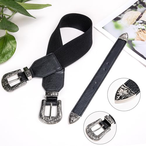 Dubulle Womens Belt Chain Leather Belts Vintage Western Adjustable Elastic Double Buckle for Cowboy Pant Dress - color: Silver Black a