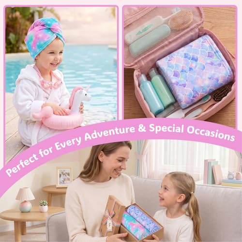 Basumee Microfiber Hair Towel Wrap for Kids 2 Pack Rapid Drying Hair Towel with Button Hair Turbans for Wet Hair Wraps Head Towel Wrap for Women and Girls, Light Mermaid - color: Light Mermaid