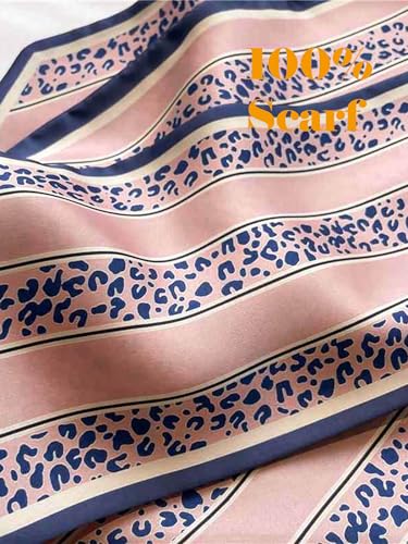 kcctoo 59" Mulberry Silk Like Head Scarf Women's Fashion Square Neck Satin Scarfs for Bag Hair Scarves Gift 59 * 5.9” - color: B009-pink & Navy Leopard