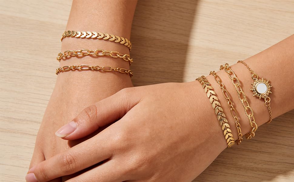 Alegend Titanium Steel (Not Rust, Resist Corruption, Easily Clean) 18K Gold Plated Single Bracelets + 14K Gold Plated Stackable Multilayer Bracelets - style: 14KGold + 4PCS F