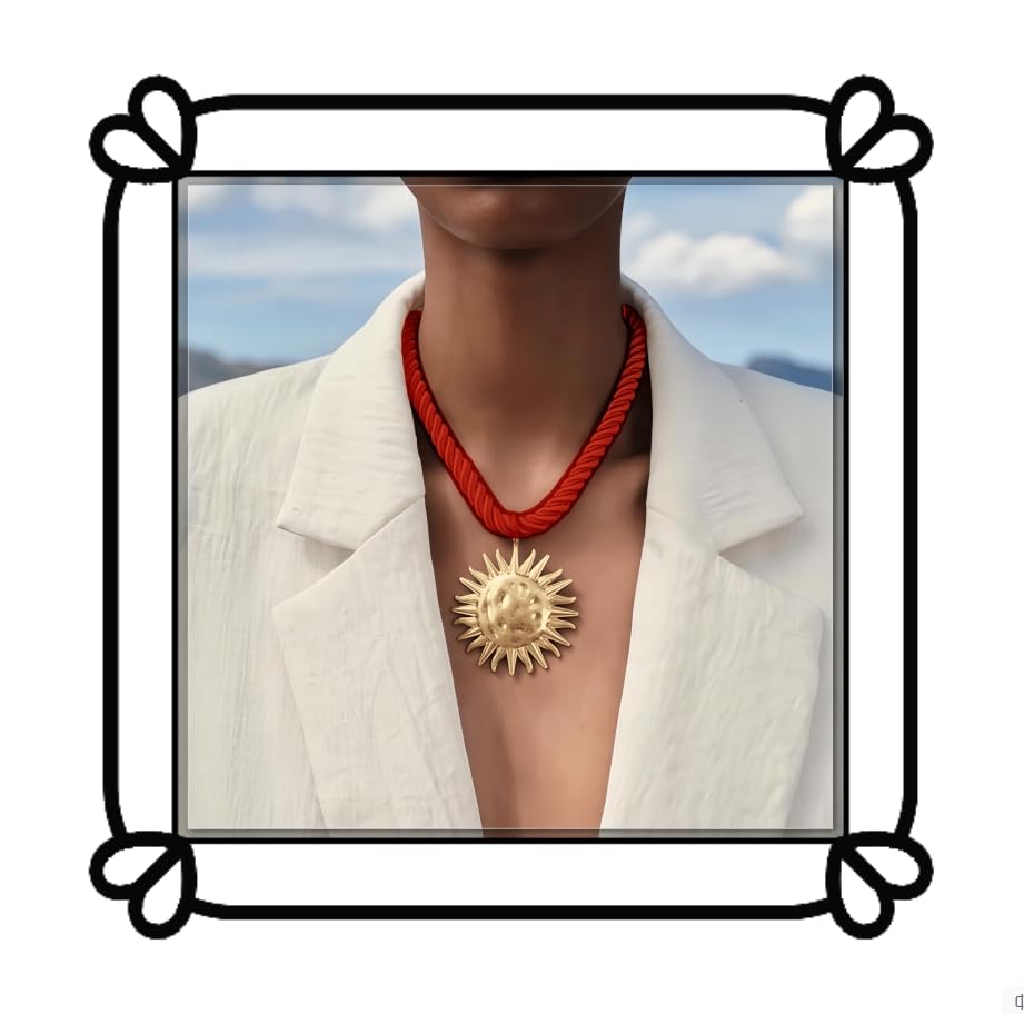 Exquisite Gold Sun Pendant Red Rope Necklace - Retro Round Coin Necklace - Ladies