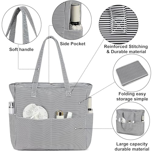 Bluboon Waterproof Beach Tote Pool Bags for Women Ladies Extra Large Carry On Bag With Wet Compartment for Weekender Travel - color: Black White Fine Stripes