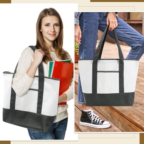 Reginary 16 Pcs Canvas Tote Bags Bulk with Outer Pocket 18 Inch Reusable Shopping Grocery Blank Tote Bag for Women Mother DIY Wedding Graduation Party(Gray White) - color: Gray White