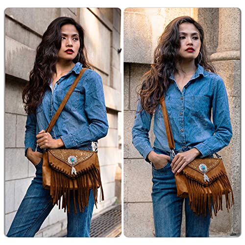 LAVAWA Small Crossbody Bags for Women Crossbody Handbag Fringe Purse Tassel Shoulder Bag Turquoise Concho Wallet - color: Light Brown
