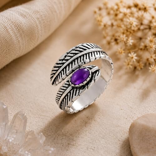 Silver Plated Feather Ring | 925 Silver Adjustable Open Ring | Vintage Leaf Design Inspirational Jewelry for Men & Women | Hypoallergenic Boho Statement Ring - color: Amethyst