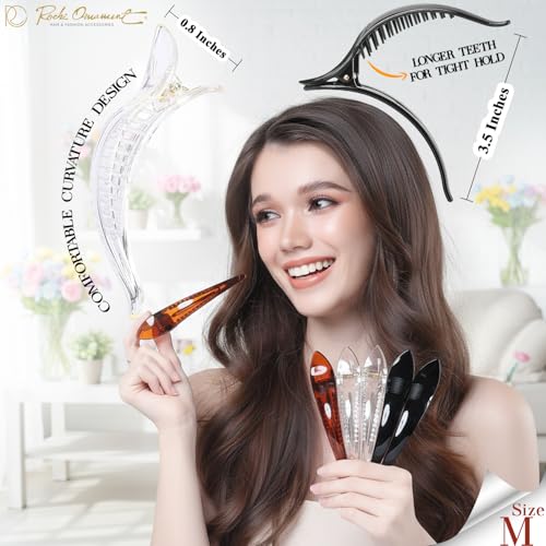 RC ROCHE 6 Pcs Duck Bill Alligator Hair Clips for Women Sectioning Flat Claw Long Thick Hair Inner Teeth Curved Styling Jaw Strong Secure Grip Salon, Medium Black, Brown, Clear - color: (Medium) Black, Brown, Clear