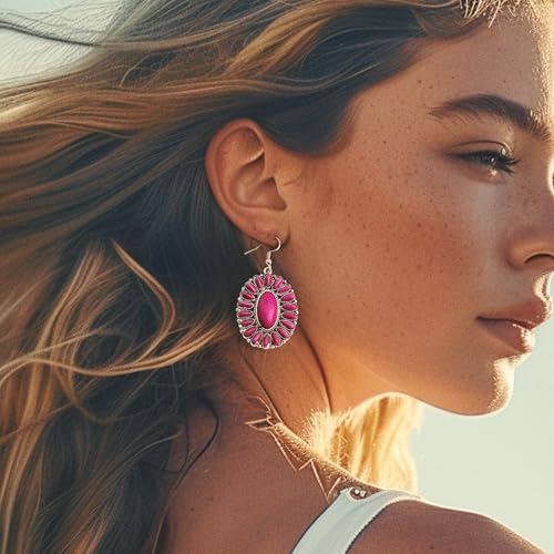 Rustic Couture's Western Earrings for Women Cowgirl Country Concho Dangling Western Statement Jewelry - color: J-Hot Pink