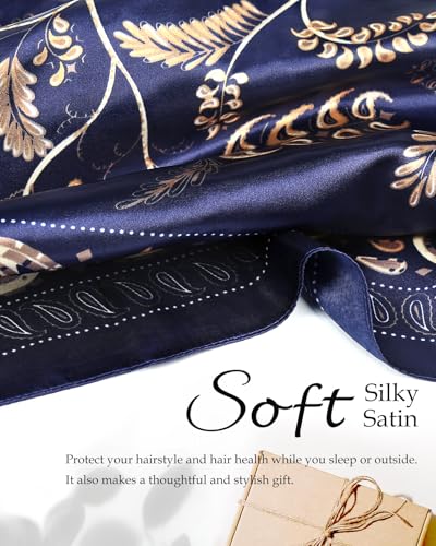Satin Scarf Hair Net Bonnet - 2 in 1 Wrap Cap for Silk Press & Sleeping, Soft Headband Hair Net and Silk Scarf for Women - color: Navy Flower