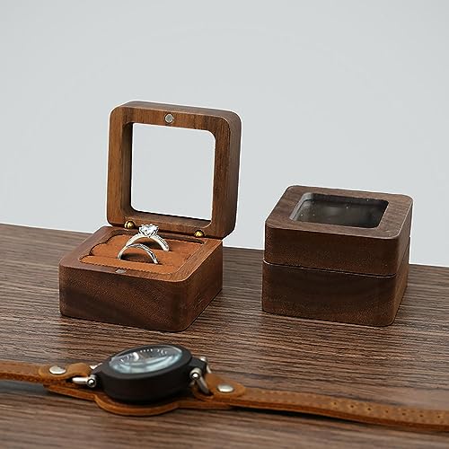 Wooden Ring box，Clear Skylight Ring Case,Solid Wood Square Jewelry Storage Box-ring bearer pillow for Wedding Ceremony, Engagement(Brown velvet) - color: Transparent skylight - 1 slot - Brown velvet