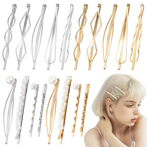18 PCS Metal Geometric Elegant Hair Barrette Set Hair Styling Pins Women Girls Preppy Pearls Hair Clips Bridal Minimalist Bobby Pins Dainty Hair Accessories(Gold & Silver) - color: Gold & Silver