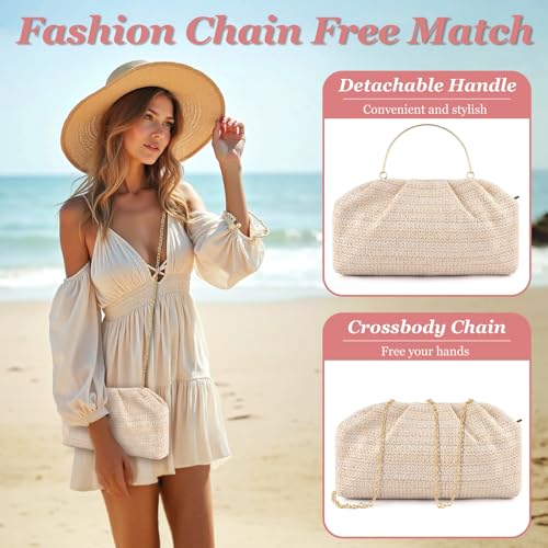 ERKOON Clutch Purse for Women Elegant Pleated Evening Bag Crossbody Shoulder Handbag Envelope Bag with 2 Detachable Chain - color: Beige#1