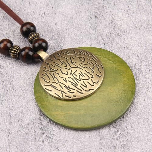Kelake Leather Necklace for Women Men Teen Vinatge Boho Alloy Pendant Choker Jewelry Fashion Sweater Necklaces with Adjustable Genuine Leather Chain - color: Gold & Green Wood 2 Layers Round Pendant