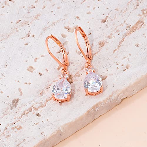 CiNily Teardrop Leverback Dangle Earrings for Women Hypoallergenic 14K Gold Plated Cubic Zircon Drop Earrings Fashion Crystal Earrings for Girls Jewelry Christmas Gifts - color: Rose Gold-White CZ