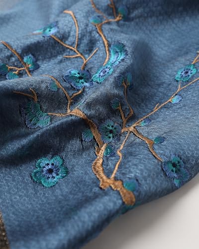 WINCESS YU Women Mulberry Silk Scarf Long & Large Embroidered Floral Pattern Shawl and Wraps Neckerchief for Hair & Neck - color: Blue