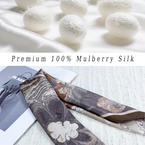Women's Small 21 inch 100% Silk Scarf Bandana for Head Neck Hair | 100% Mulberry Silk Lightweight Designs Gift-Ready Packaging For Hair Fashion 21"x21" Printed - color: 301whie Brown