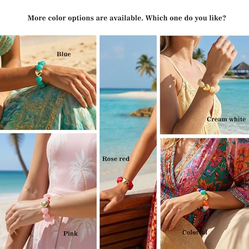 Multicolor Chunky Beaded Bracelet for Women Bold Acrylic Resin Stretch Bracelet Summer Beach Statement Bracelets Trendy Elastic Bangle Jewelry - color: Heart bracelet-cream white